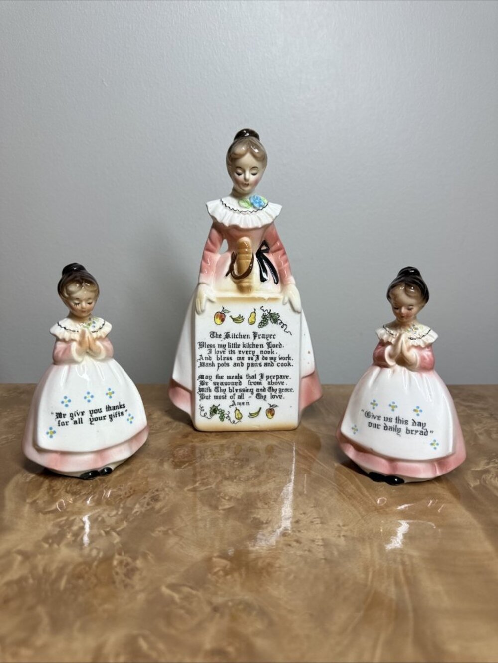 Vintage Enesco Adriane Praying Lady Kitchen Salt Pepper Shakers Wall Pocket Pink
